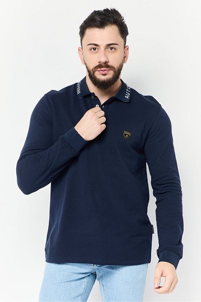Lamborghini Men Regular Fit Brand Logo Long Sleeves Polo Shirt, Navy