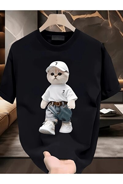 AZIZI TEKSTIL 100% Cute Cartoon Cat Printed Women's T-Shirt - Casual Short Sl...