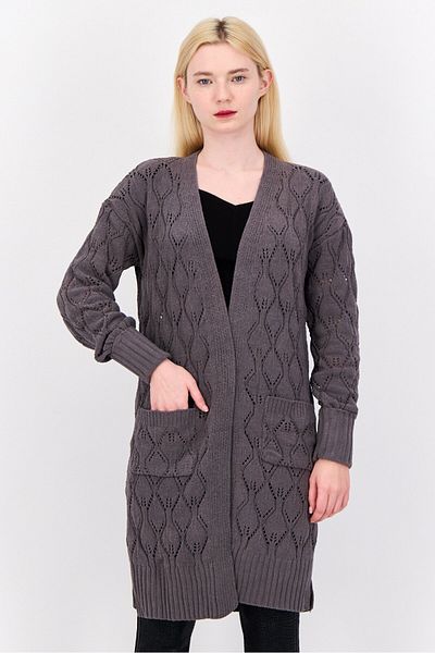 PİNK ROSE Women Split Neck Knitted Cardigan, Dark Grey
