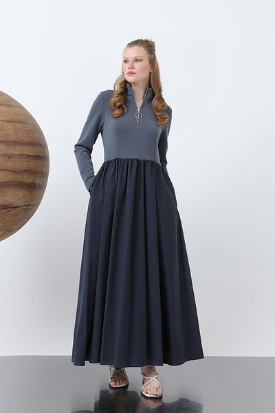 Loreen Women's Waist Gathered Collar Zipper Detailed Dress - 20607Elb - Navy