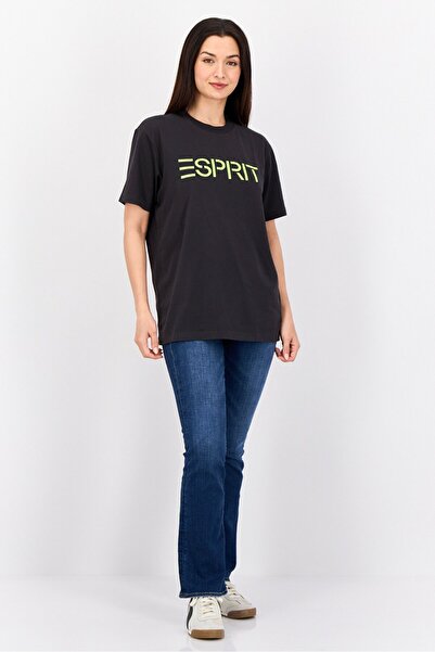 Esprit Women Crew Neck Short Sleeve Brand Logo T-Shirt, Black