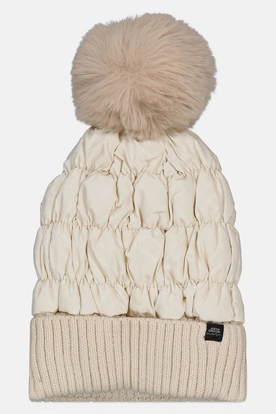 Justin Gregory Women Plaid Puffer Beanie With Pom, Off White