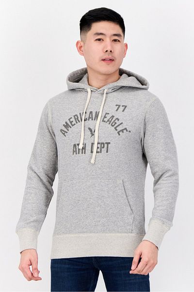 AMERICAN EAGLE Men Brand Logo Long Sleeve Hoodie, Grey