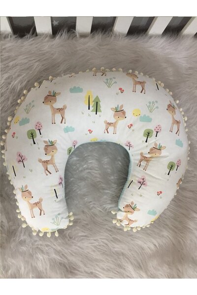 CherryPie Μαξιλάρι θηλασμού με πομπόν με ύφασμα Blue Wafle Pique Deer Design - Μαξιλάρι στήριξης