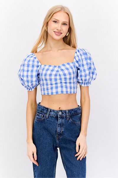 Monki Women Sweetheart Neck Puff Shoulder Checkered Blouse, Blue