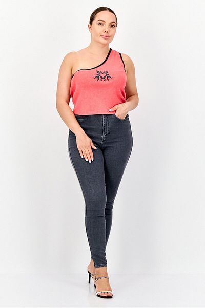 collusion Women Asymmetrical Neckline Sleeveless Graphic Print Tank Top, Red
