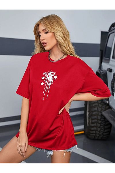 Trend Sizde Women's Red Artistic Star Front Printed Oversize T-Shirt