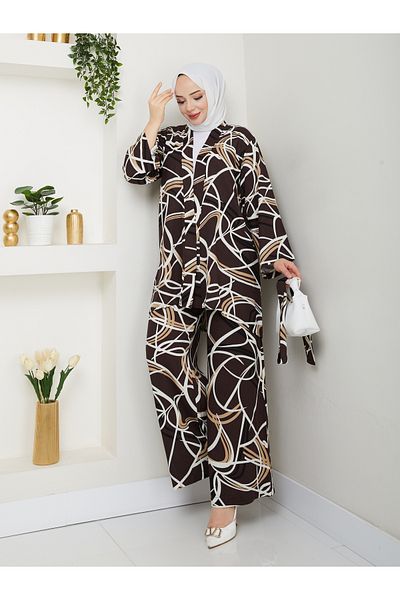 MODAMERSİ Women's Brown Ecru Viscose Fabric Belted Kimono Pants Set of Two