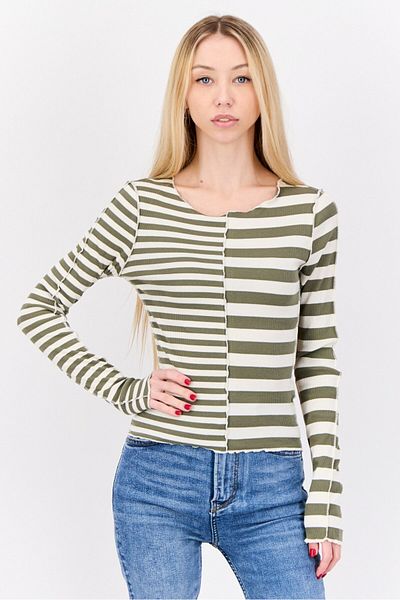Don't Call Me Jennyfer Women Crew Neck Stripe Sweater, White/olive