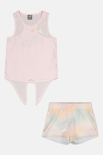 Puma Kids Girl 2 Pcs Brand Logo Outdoor Top And Short Set, Multicolor