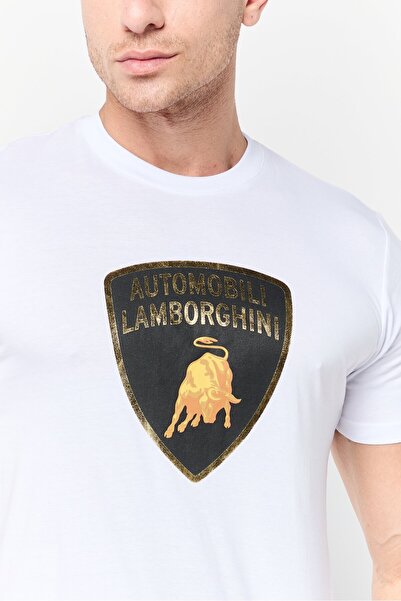 Lamborghini Men Crew Neck Short Sleeves Brand Logo T-Shirt, White