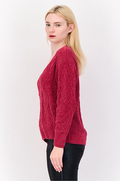 PİNK ROSE Women V-neck Textured Sweater, Magenta