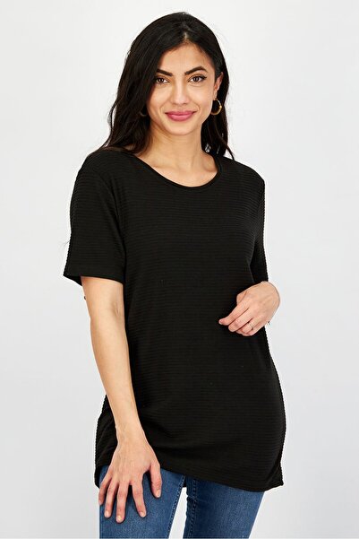 DeFacto بلوزة نسائية محبوكة بأكمام قصيرة ورقبة دائرية، لون أسود