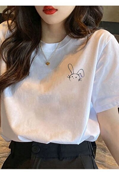 MEİLİFENG Tricou oversize cu imprimeu de iepure alb pentru femei