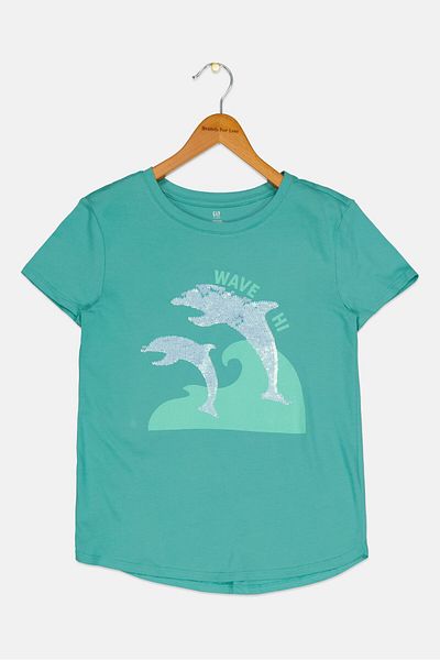 GAP Kids Girl Sequined Short Sleeve Top, Green