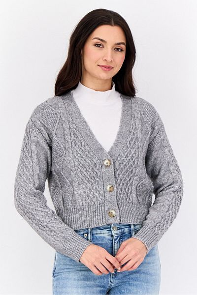 No Comment Women V Neck Knitted Cardigan, Grey
