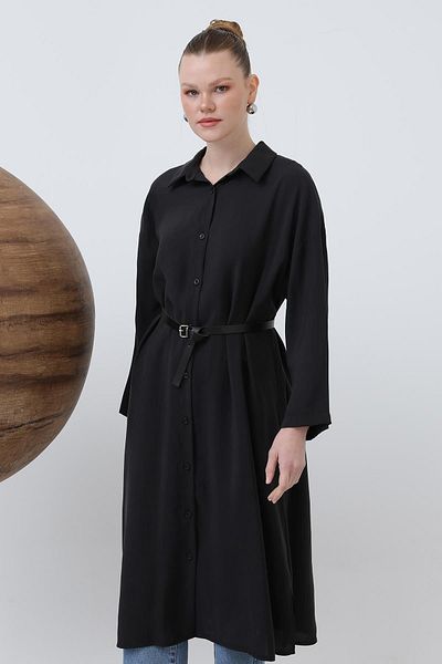 Loreen Women's Long Belt Detailed Shirt Dress - 20629Elb - Black