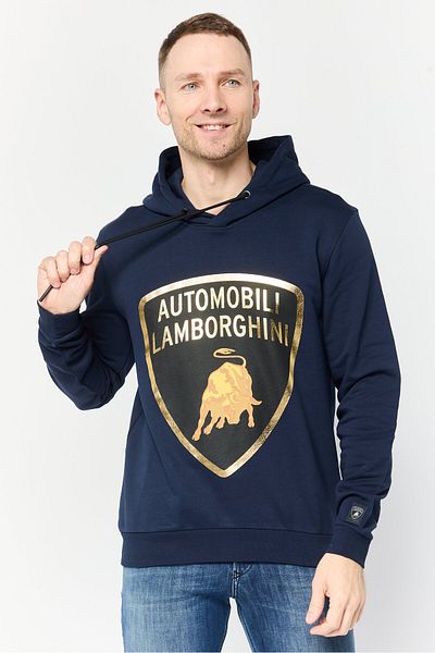 Lamborghini Men Brand Logo Long Sleeve Hoodie, Navy Blue