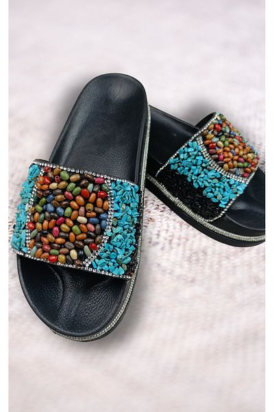MODA ÇİMEN Women's Wedge Heeled Stone Special Design Slippers