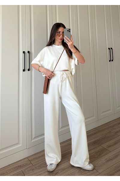 manana fashion Анцуг от висок клас с бял модал и къс ръкав, голям размер, с кръгло деколте