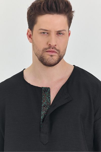 BABBOSS Μπλουζάκι με φαρδύ γιακά με έθνικ σχέδιο με μισό κουμπί