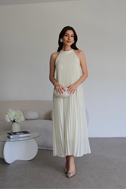 Julidress Halter Neckline Long Length Premium Pleated White Dress