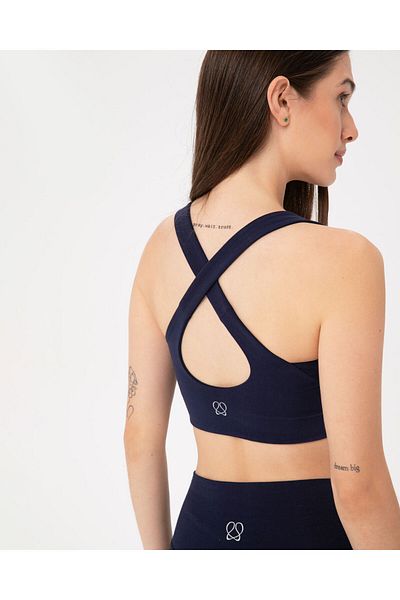 Ayma Active Navy Blue Organic Cotton Halter Bustier - Low-Cut Cross Strap