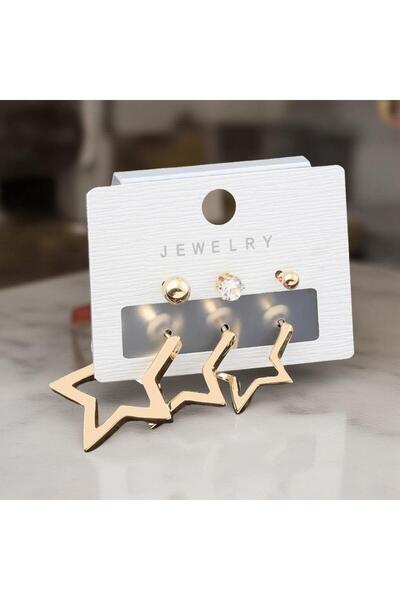 staınless steel Gold Color Star Detailed Earring Set - Ball, Stone and Modern Striped Star Figured Model