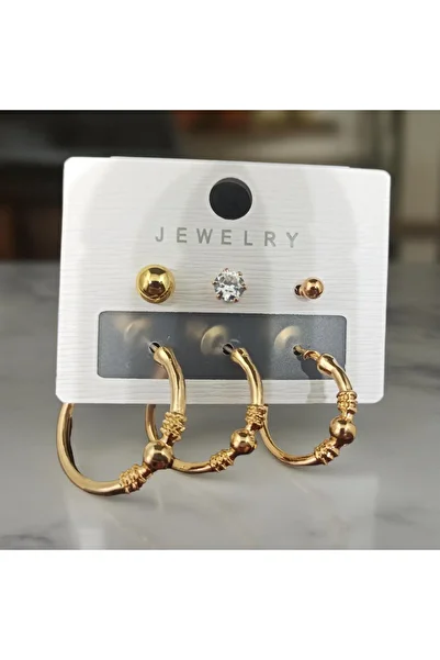 staınless steel Gold Color 6-Piece Earring Set - Ball, Stone and Detailed Hoop Model
