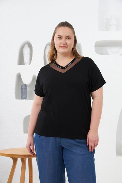 RMG Collar Tulle and Stone Detailed Large Size T-Shirt Black