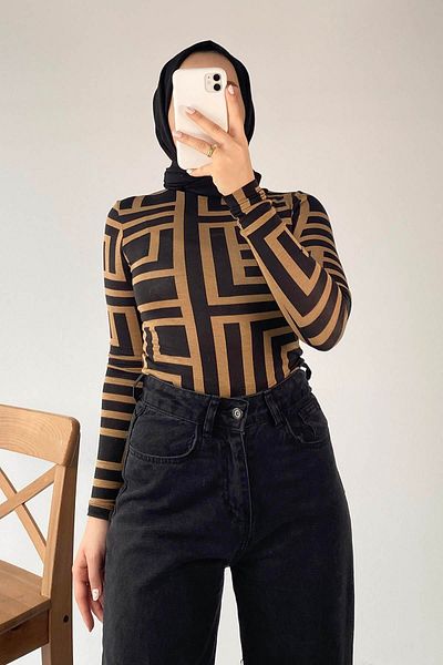 lamelif Μισό ζιβάγκο με γεωμετρικό σχέδιο Body Milky Brown