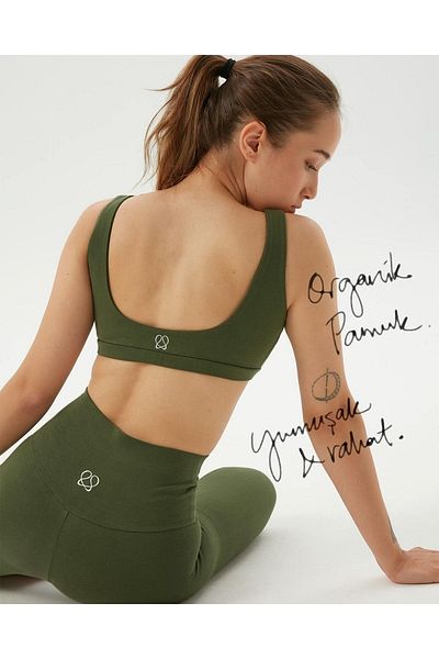 Ayma Active Khaki Organic Cotton Low Back Bra Back Low Cut Pilates Bra