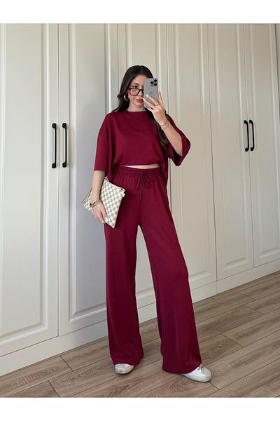 manana fashion Burgundy Modal Fabric Oversize Crew Neck Short Sleeve Premium Quality Tracksuit Set