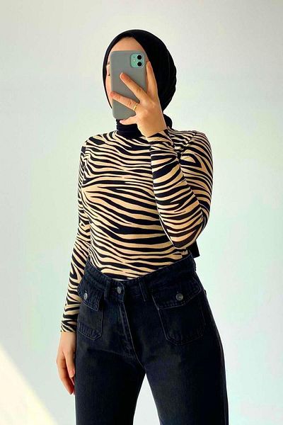 lamelif Σώμα με σχέδιο Zebra - Μισό ζιβάγκο - Καφές με γάλα