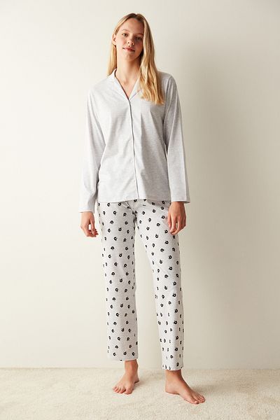 Penti Set de pijamale cu pantaloni cămașă cu nasturi cu imprimeu cafea