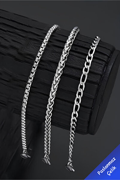 The Collection Paslanmaz 3 Adet Erkek Spor Çelik Bileklik Set (Figaro-Örme-An...