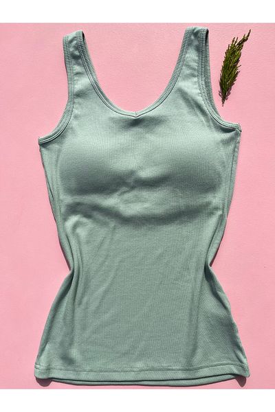 LEYNA BUTİK Modal Camisole Wide Straps Back Detailed Women's Fixed Pad Green Color Undershirt - Thsirt