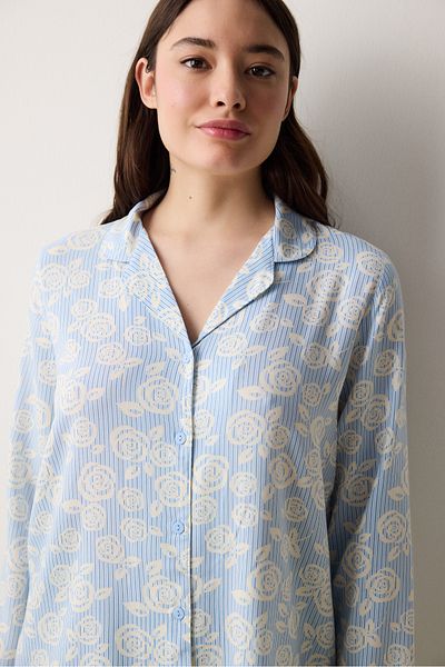 Penti Trandafiri Cămașă Pantaloni Set Pijama Albastru Deschis