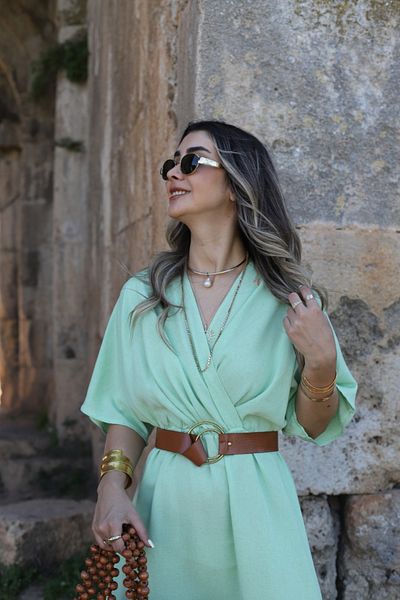 bytugcekaya Φόρεμα με πράσινο λινό διπλό στήθος με ζώνη τυπικού μεγέθους