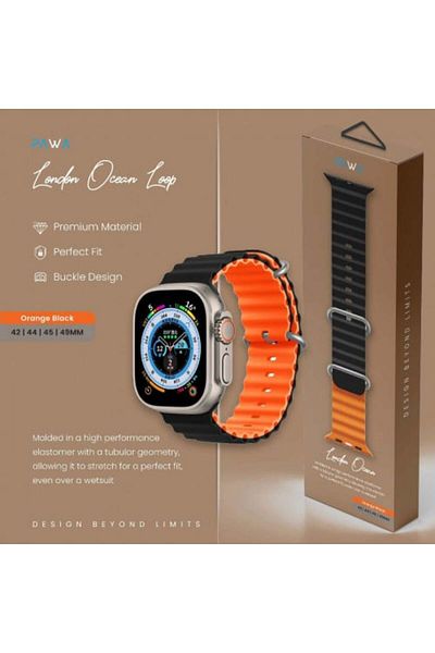Pawa -London Ocean Silicone Apple Watch Band, Compatible with 42/44/45/49 mm, Black and Orange