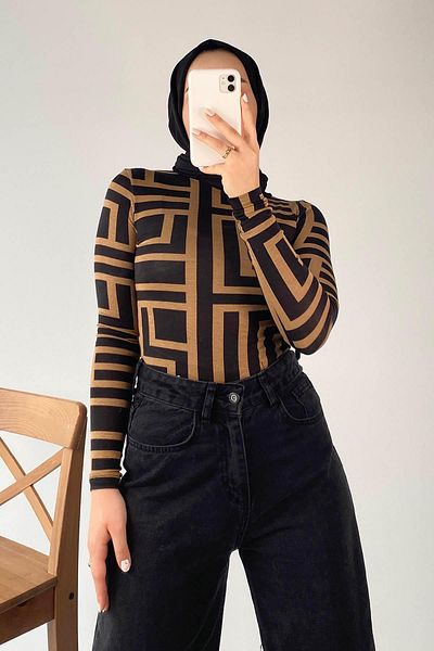 lamelif Μισό ζιβάγκο με γεωμετρικό σχέδιο Body Milky Brown