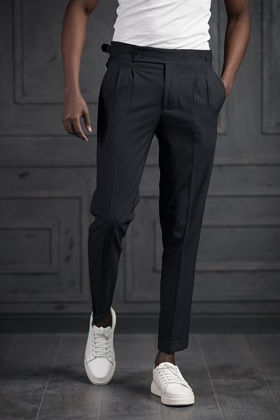 PERPANT Slimfit Double Pleated Belt Buckle Summer Fabric Trousers