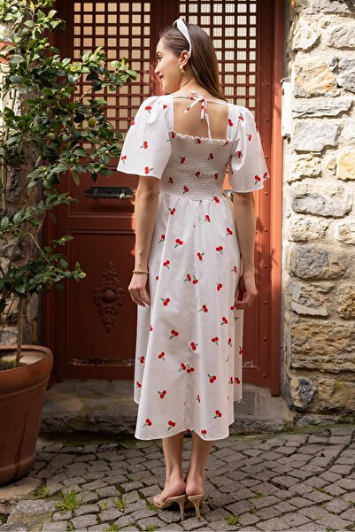 Lusin Women's Cherry Patterned Gimped Lined Summer Poplin Midi Dress