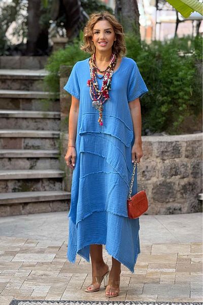 Nevin Kaya Moda Φόρεμα Blue Datça Muslin Ύφασμα 100% Βαμβάκι