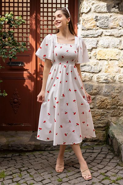 Lusin Women's Cherry Patterned Gimped Lined Summer Poplin Midi Dress