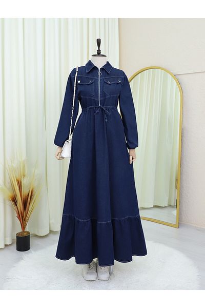 Modamorfo Φόρεμα με μισό φερμουάρ Tunnel Lace-Up Sleeve Elastic Denim - Navy