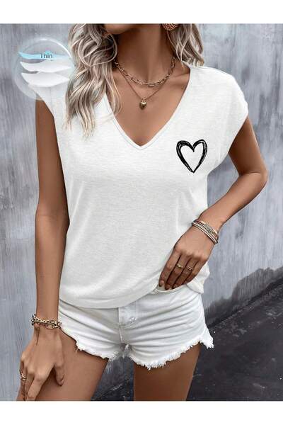 Deocept Women's Heart Printed V-Neck Loose Oversize T-Shirt
