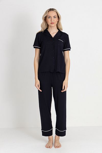 TURAY Massion Lairy Buttoned Short Sleeve Women's Navy Blue Pajama Set