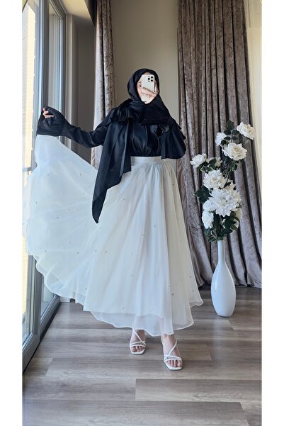 MISEY BOUTIQUE İNCİ VE TAŞ DETAYLI TASARIM ŞİFON ETEK