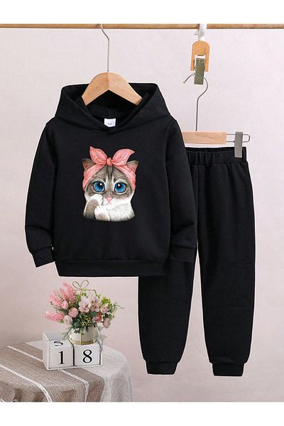 VBSVİBES Costum cu glugă pentru copii din bumbac imprimat Sweet Cat - Jogger negru imprimat fete băieți